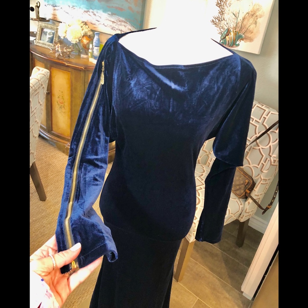 Sugar Surges  vintage 90’s blue velvet long dress w/gold zippers
